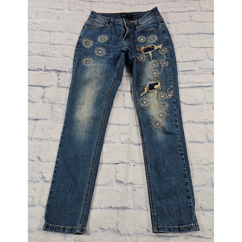 Boston Proper Embellished Distressed Jeans Womens 2 Blue Rhinestone Chain Slim